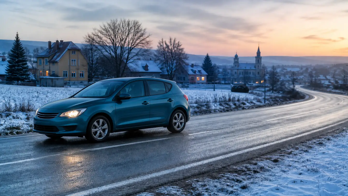 Kompaktowy samochód na mokrej, oszronionej drodze przy zimowym mieście - Uniroyal WinterExpert na śnieg, błoto pośniegowe i mokry chłód