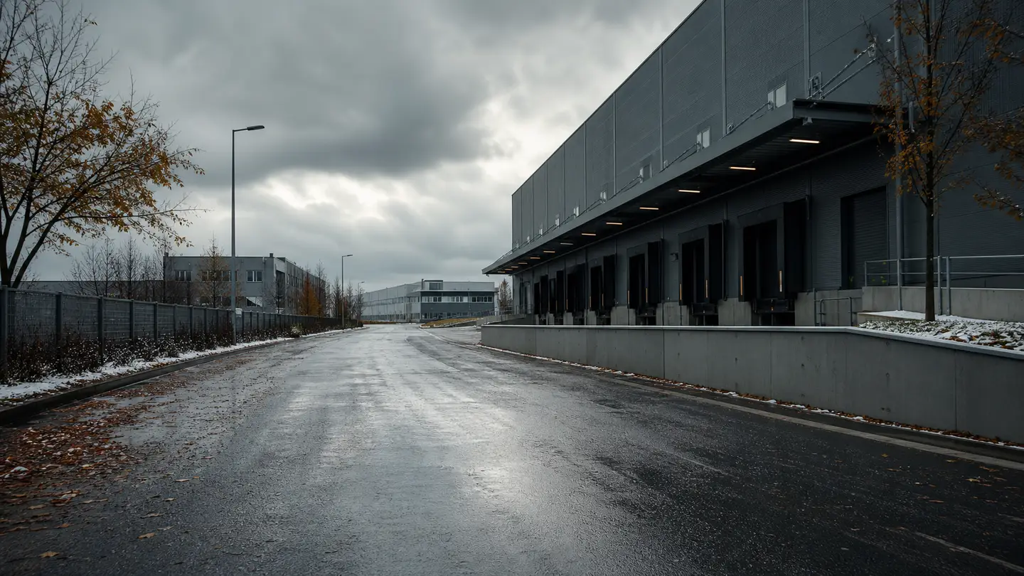 Pusta mokra droga przy magazynach między jesienią i pierwszym śniegiem - Vredestein Comtrac 2 All Season+ pod całorocznym obciążeniem