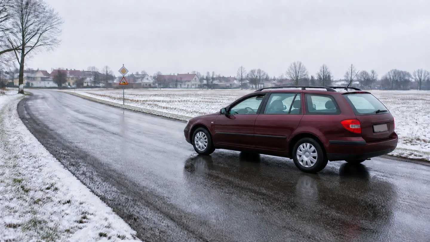 Bordowe rodzinne kombi na mokrej drodze podczas zimowej odwilży - Vredestein Snowtrac 5 na śnieg, lód i wodę