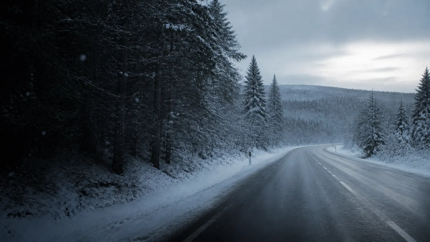 Yokohama BluEarth-Winter V905 na odśnieżonej szosie przez północny las podczas świeżej śnieżycy - Yokohama BluEarth-Winter V905 na zmienną zimową trasę