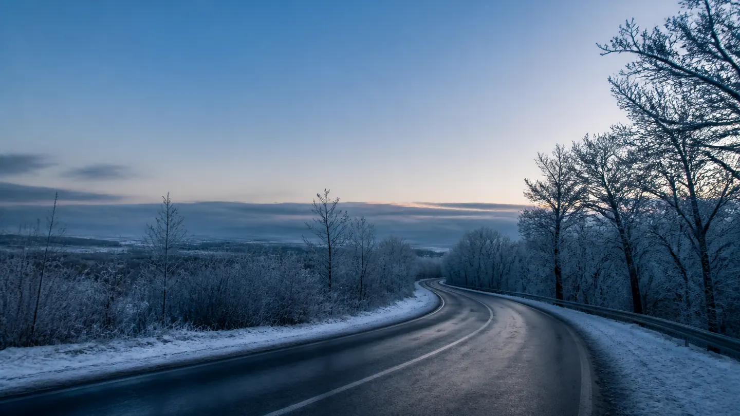 Pusta odśnieżona droga opadająca przez oszronione drzewa o zimowym świcie - Yokohama BluEarth-Winter V906 na śnieg, lód i mokry chłód